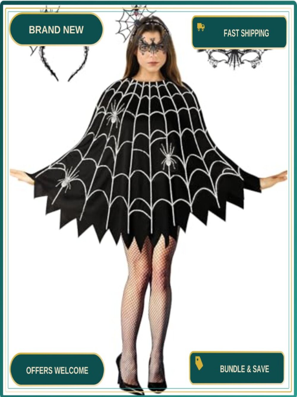 Spider Web Poncho Costume Set with Headband & Lace Mask Halloween
